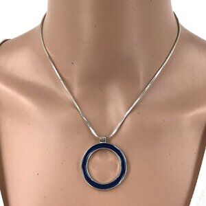 Pendant Necklace Silver Tone Navy Blue 16 Inch length